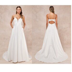 Lulus Exceptional Passion White Satin Cutout Maxi Dress With Pockets Medium NWT